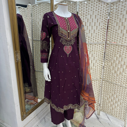 Premium Cotton Embroidered Frock - Three piece