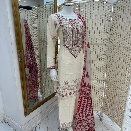Soft Cotton Embroidered Suit - Three piece