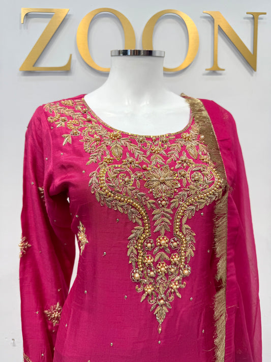 Hand Embroidered Raw Silk Suit - Fuchsia