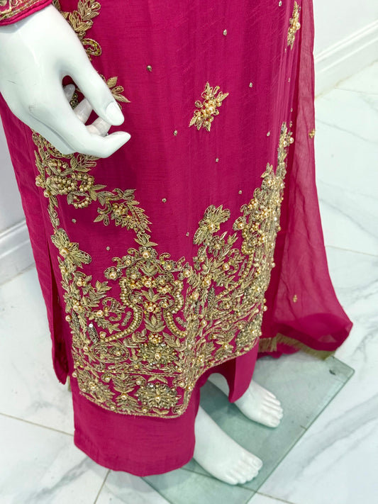 Hand Embroidered Raw Silk Suit - Fuchsia