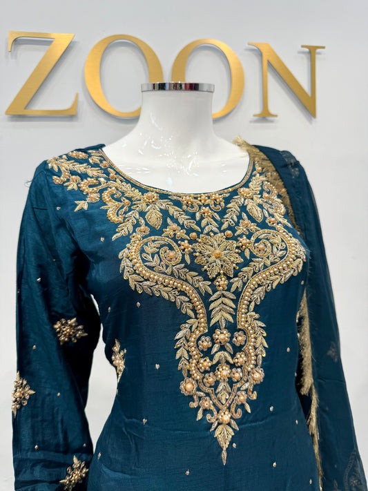Hand Embroidered Raw Silk Suit - Teal