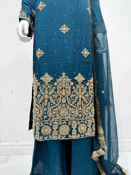 Hand Embroidered Raw Silk Suit - Teal