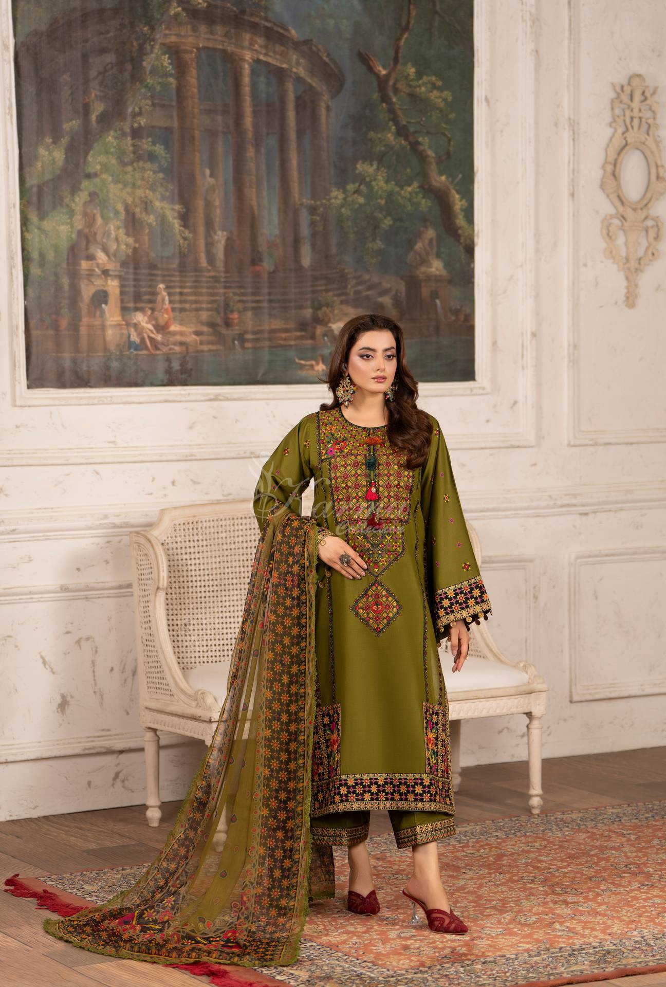 Luxury 3 Piece Cotton Suit - Olive