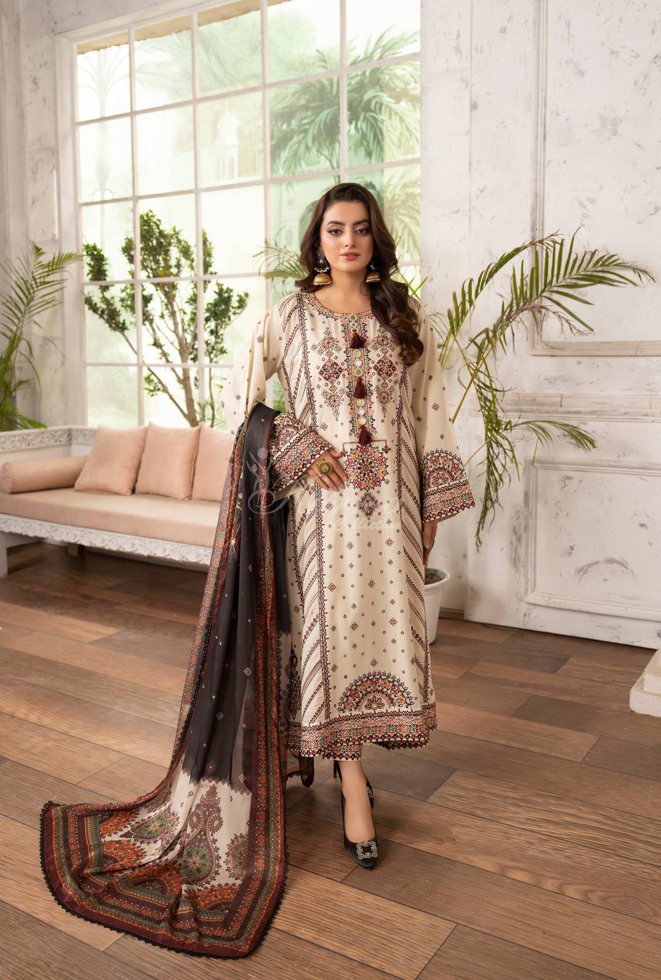 Luxury 3 Piece Cotton Suit - Cream
