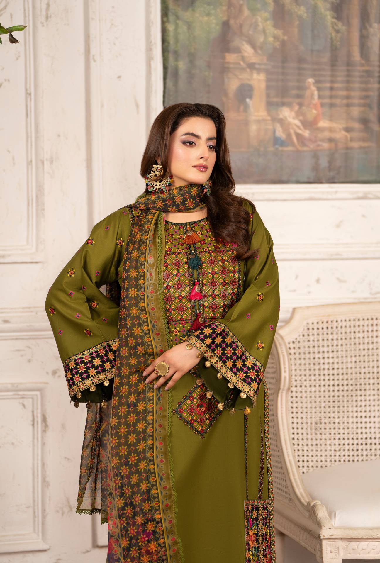 Luxury 3 Piece Cotton Suit - Olive