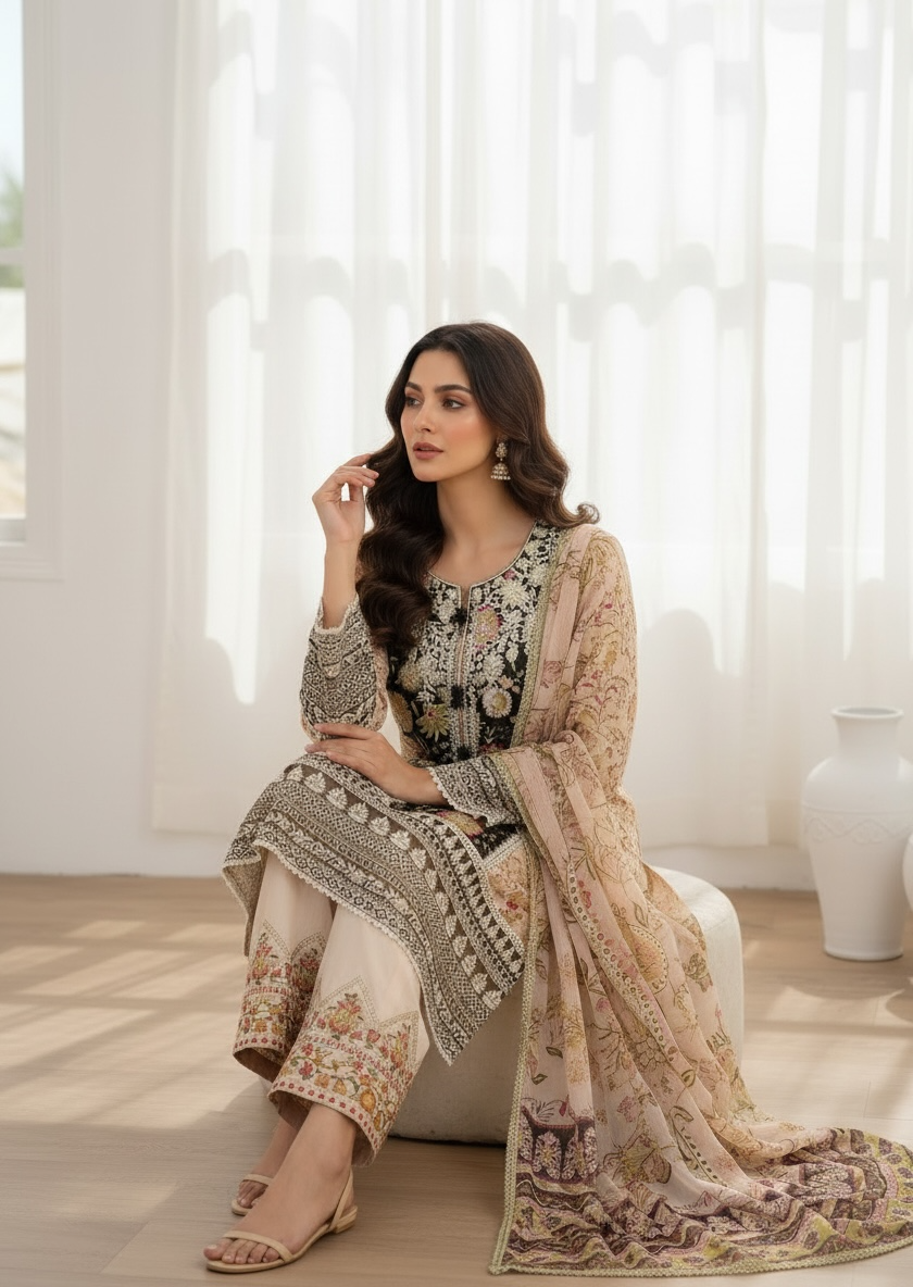 Floral Farshi Shalwar Suit - Black