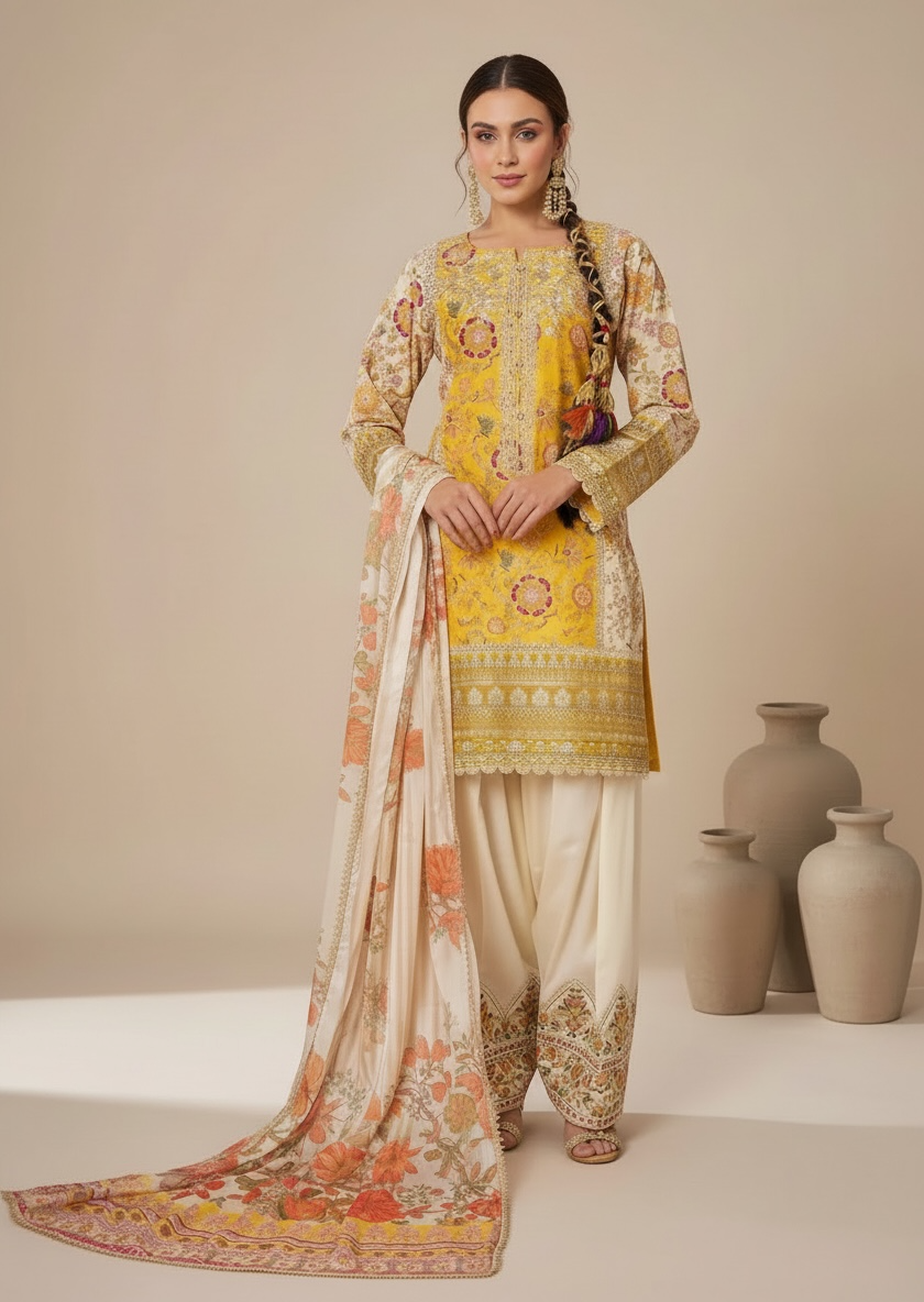 Floral Farshi Shalwar Suit - Yellow