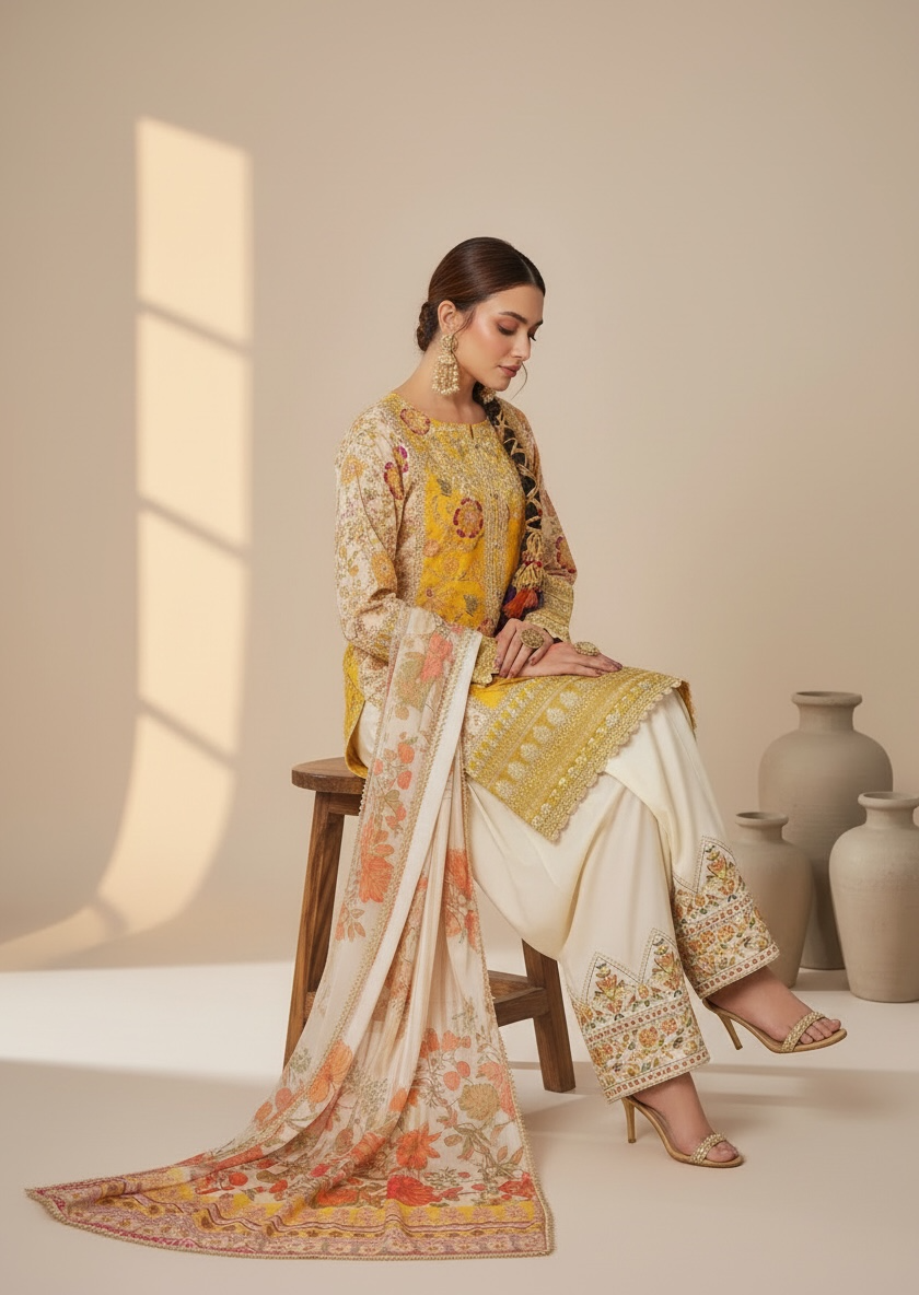 Floral Farshi Shalwar Suit - Yellow