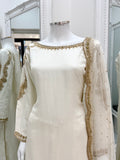 Hand Embroidered Raw Silk Suit - White