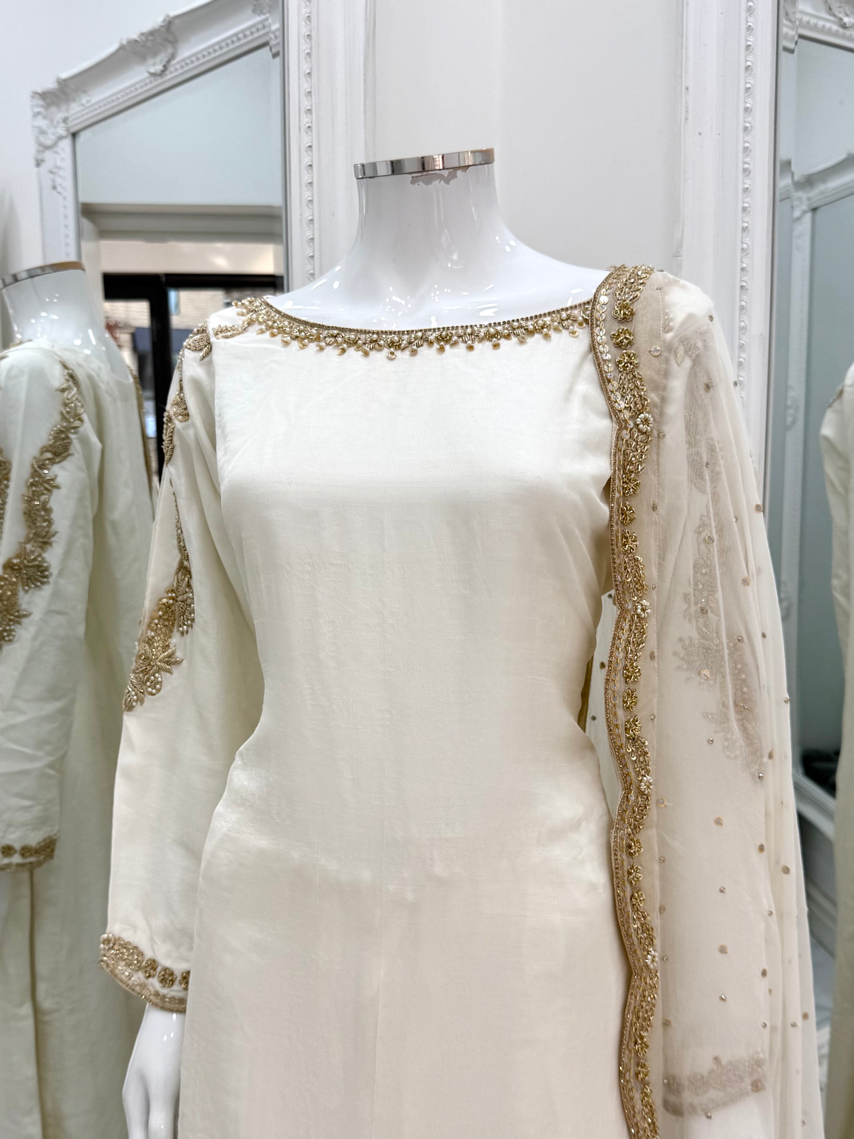 Hand Embroidered Raw Silk Suit - White