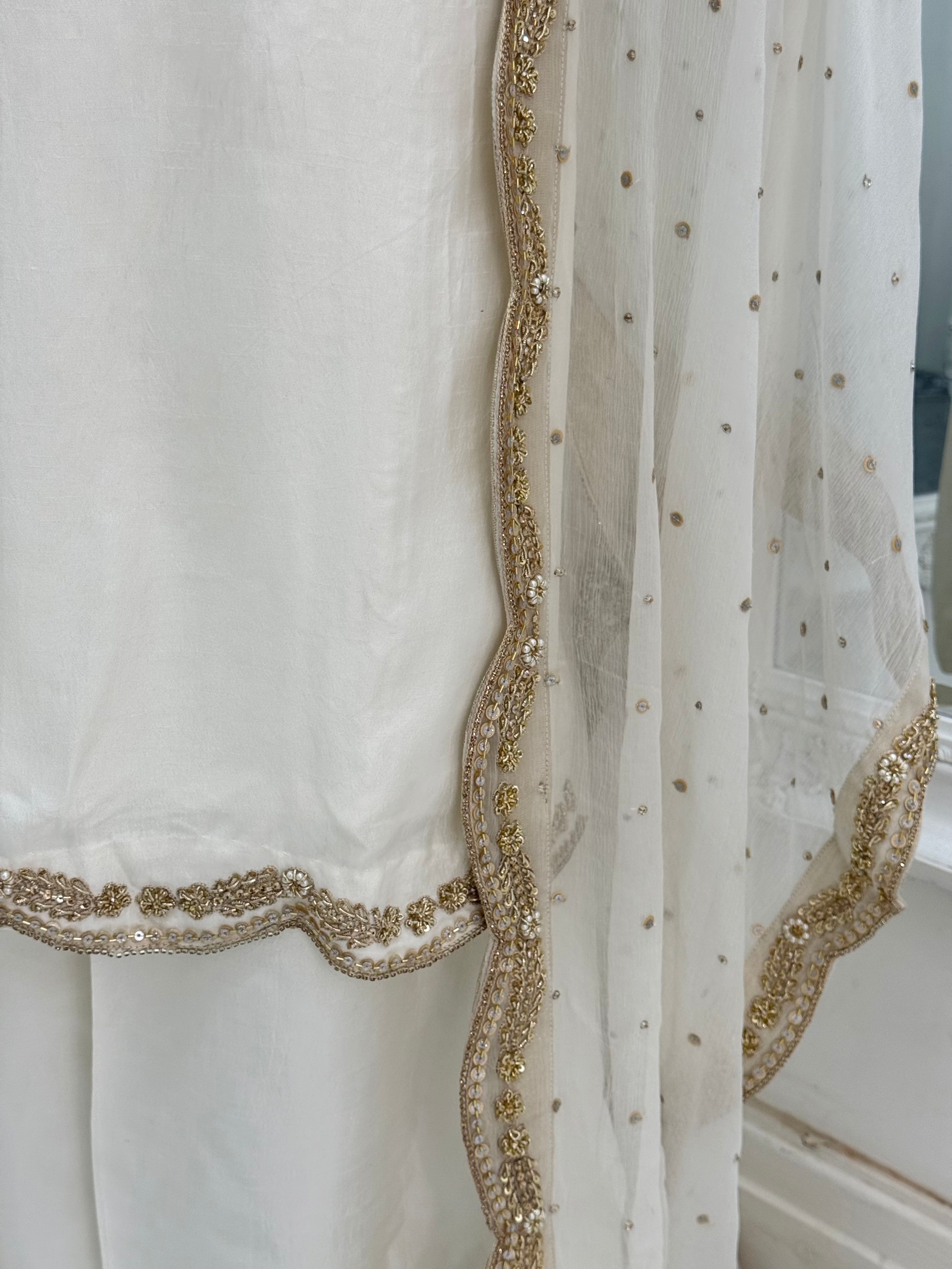 Hand Embroidered Raw Silk Suit - White