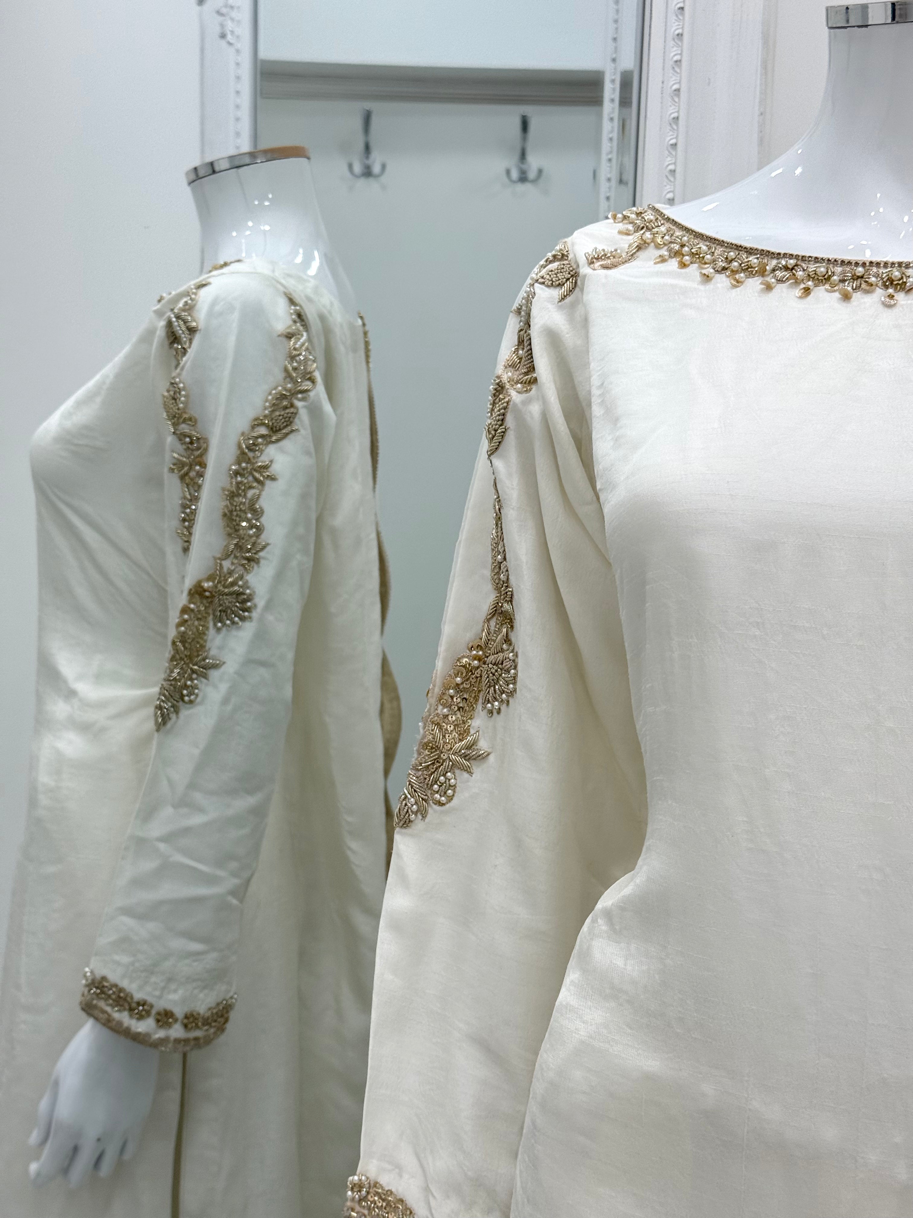 Hand Embroidered Raw Silk Suit - White