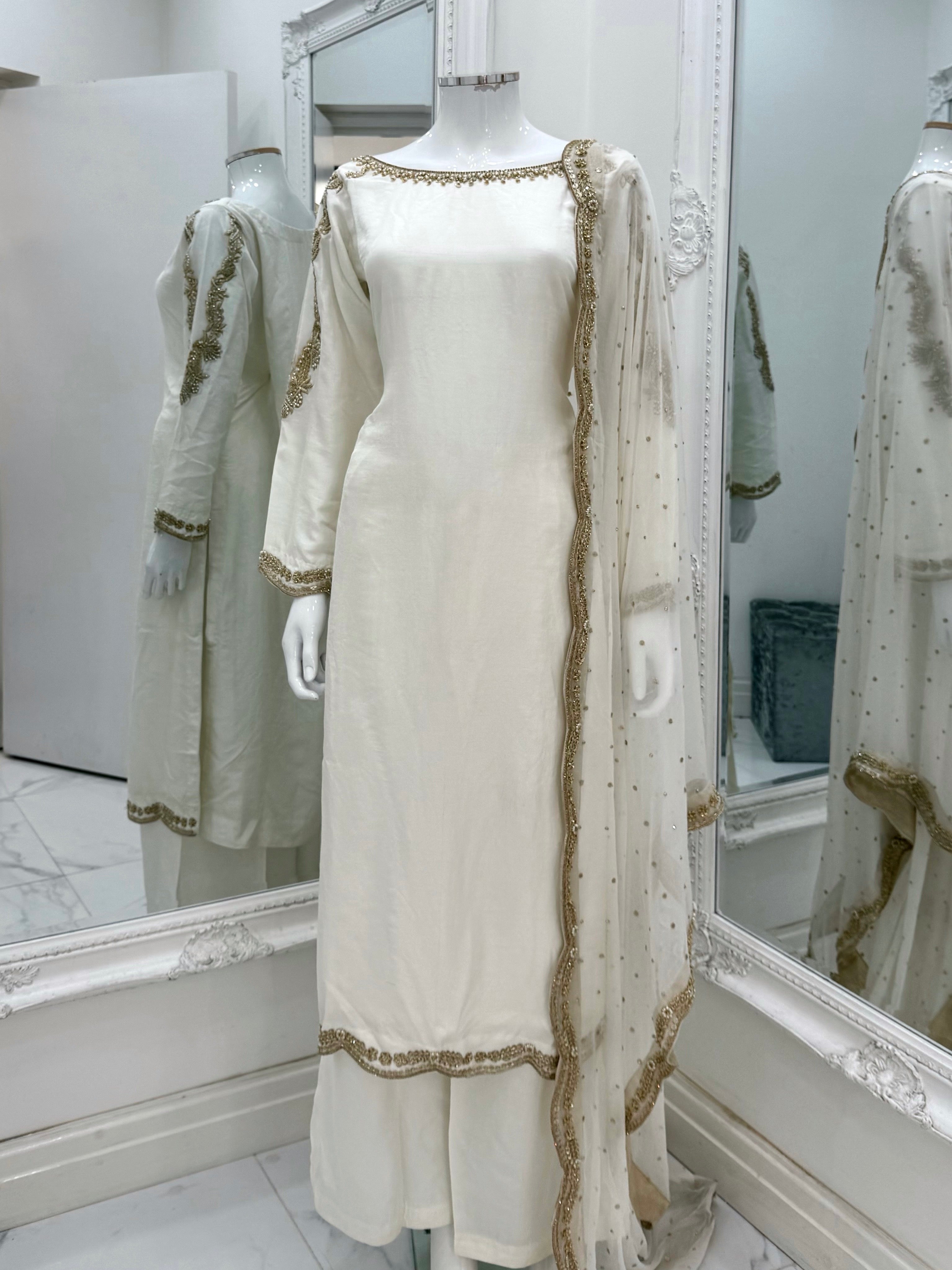 Hand Embroidered Raw Silk Suit - White