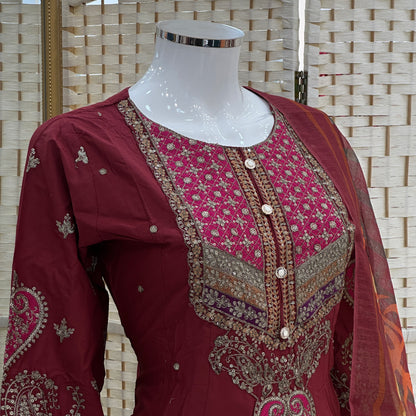 Premium Cotton Embroidered Frock - Three piece