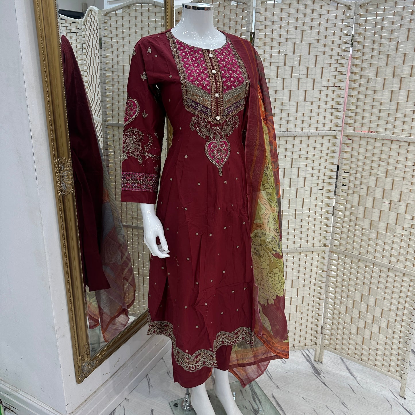 Premium Cotton Embroidered Frock - Three piece