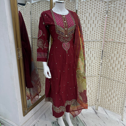 Premium Cotton Embroidered Frock - Three piece