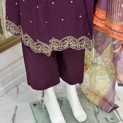 Premium Cotton Embroidered Frock - Three piece