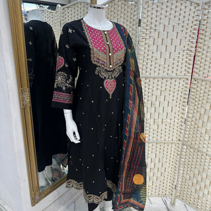 Premium Cotton Embroidered Frock - Three piece