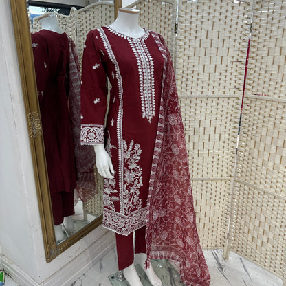 Premium Cotton Embroidered Suit - Three piece