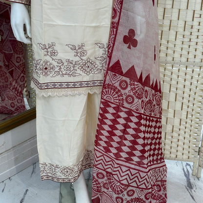 Soft Cotton Embroidered Suit - Three piece