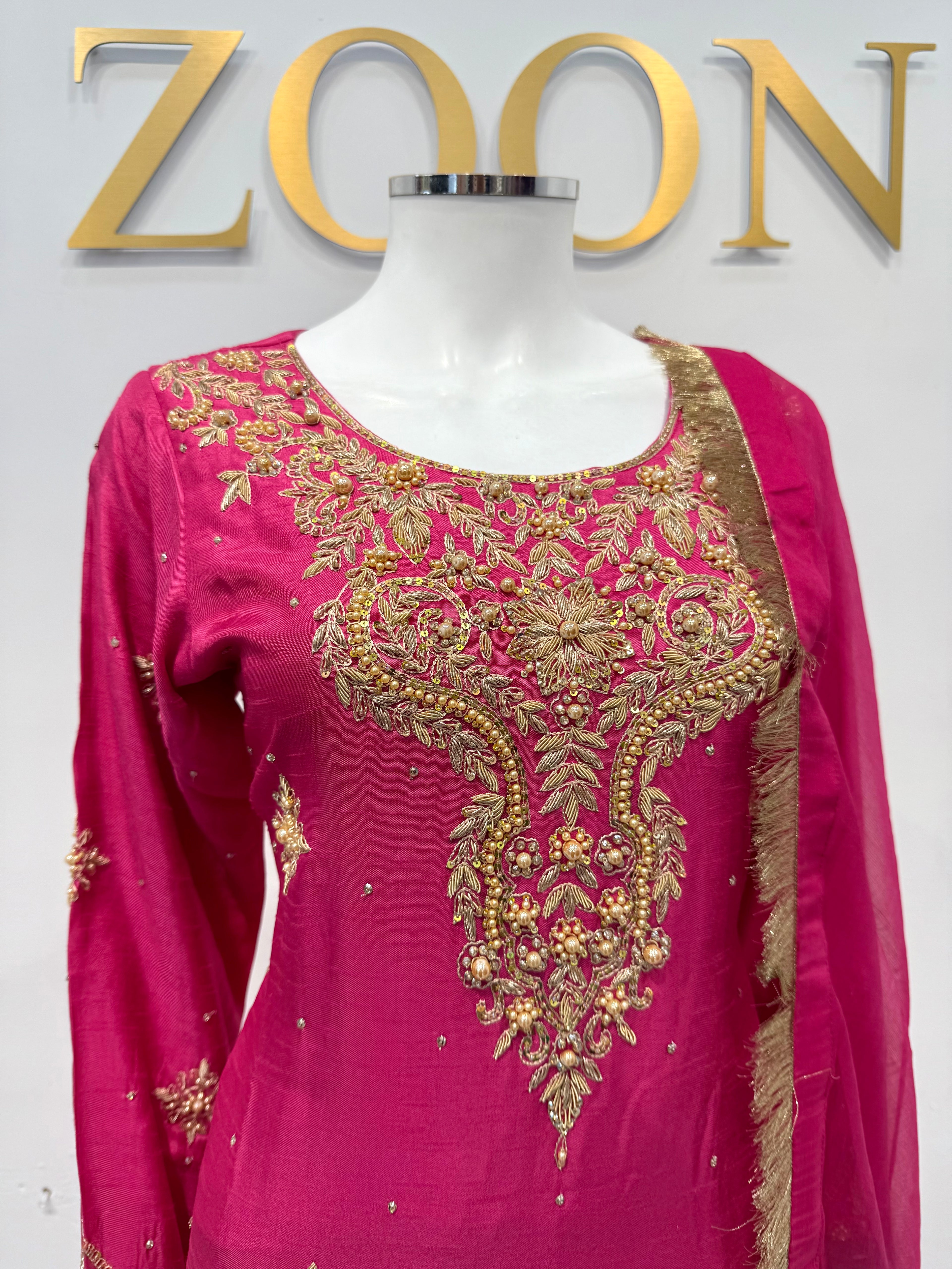 Hand Embroidered Raw Silk Suit - Fuchsia
