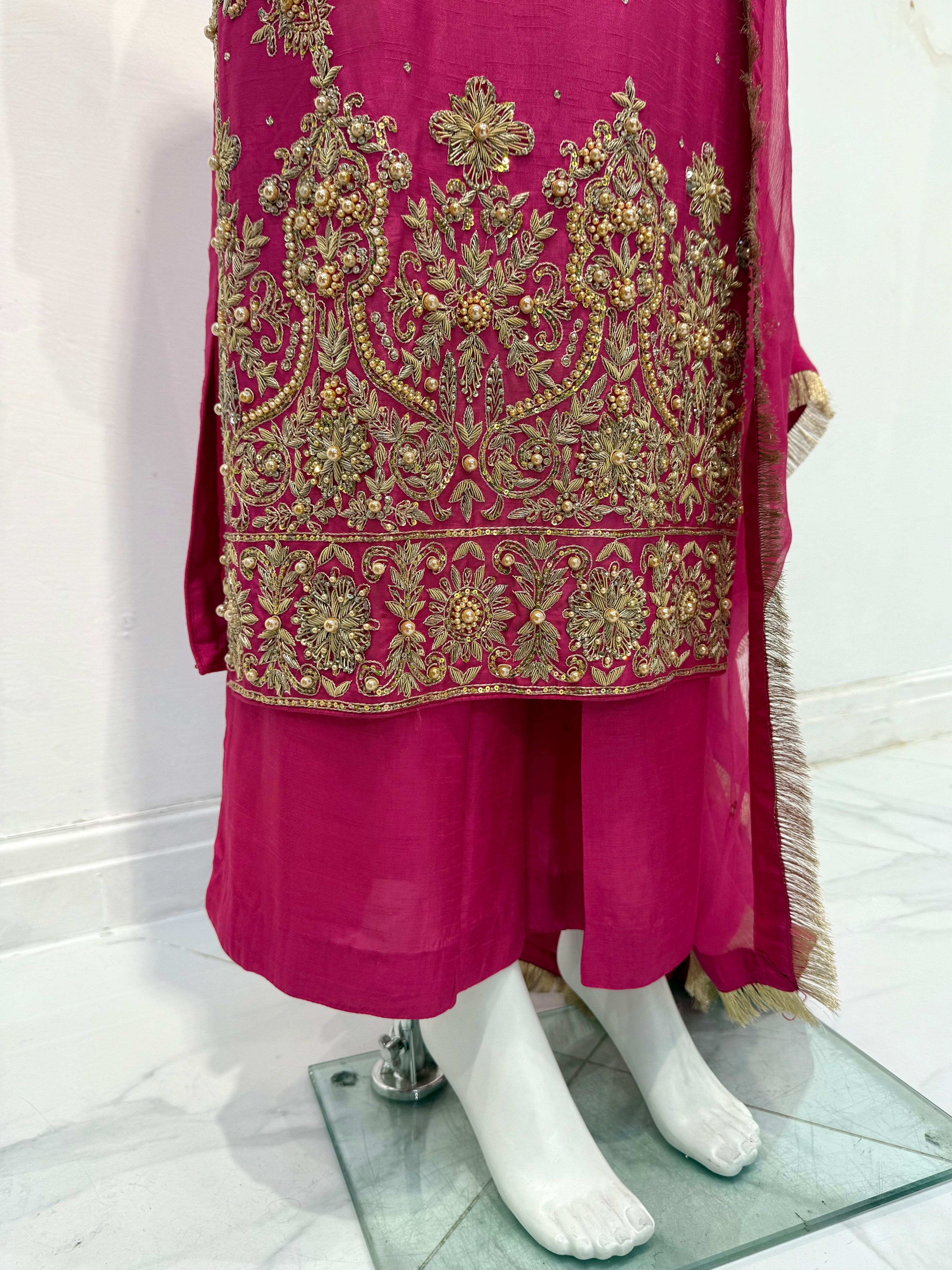 Hand Embroidered Raw Silk Suit - Fuchsia