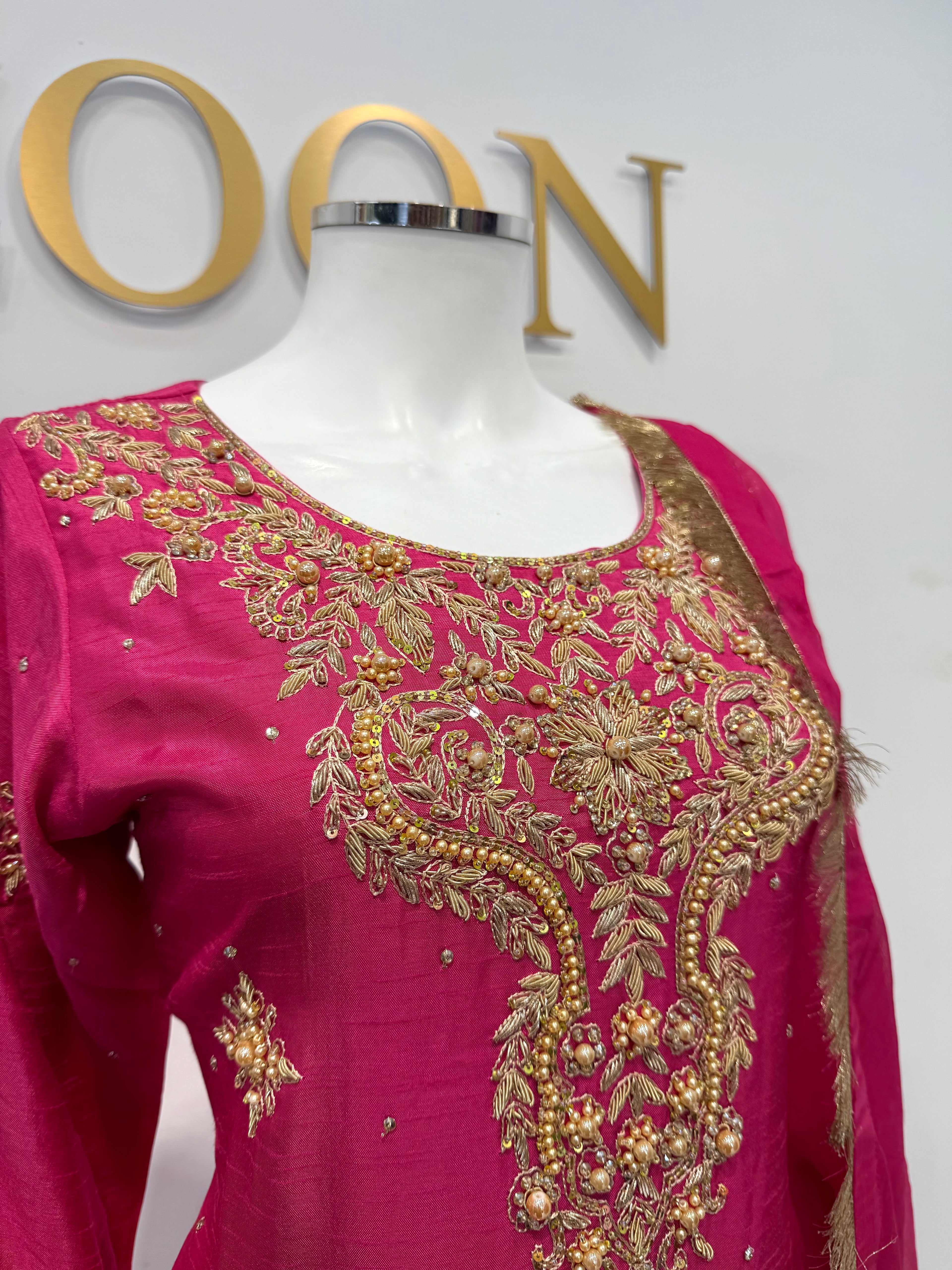 Hand Embroidered Raw Silk Suit - Fuchsia