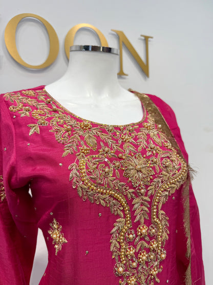 Hand Embroidered Raw Silk Suit - Fuchsia