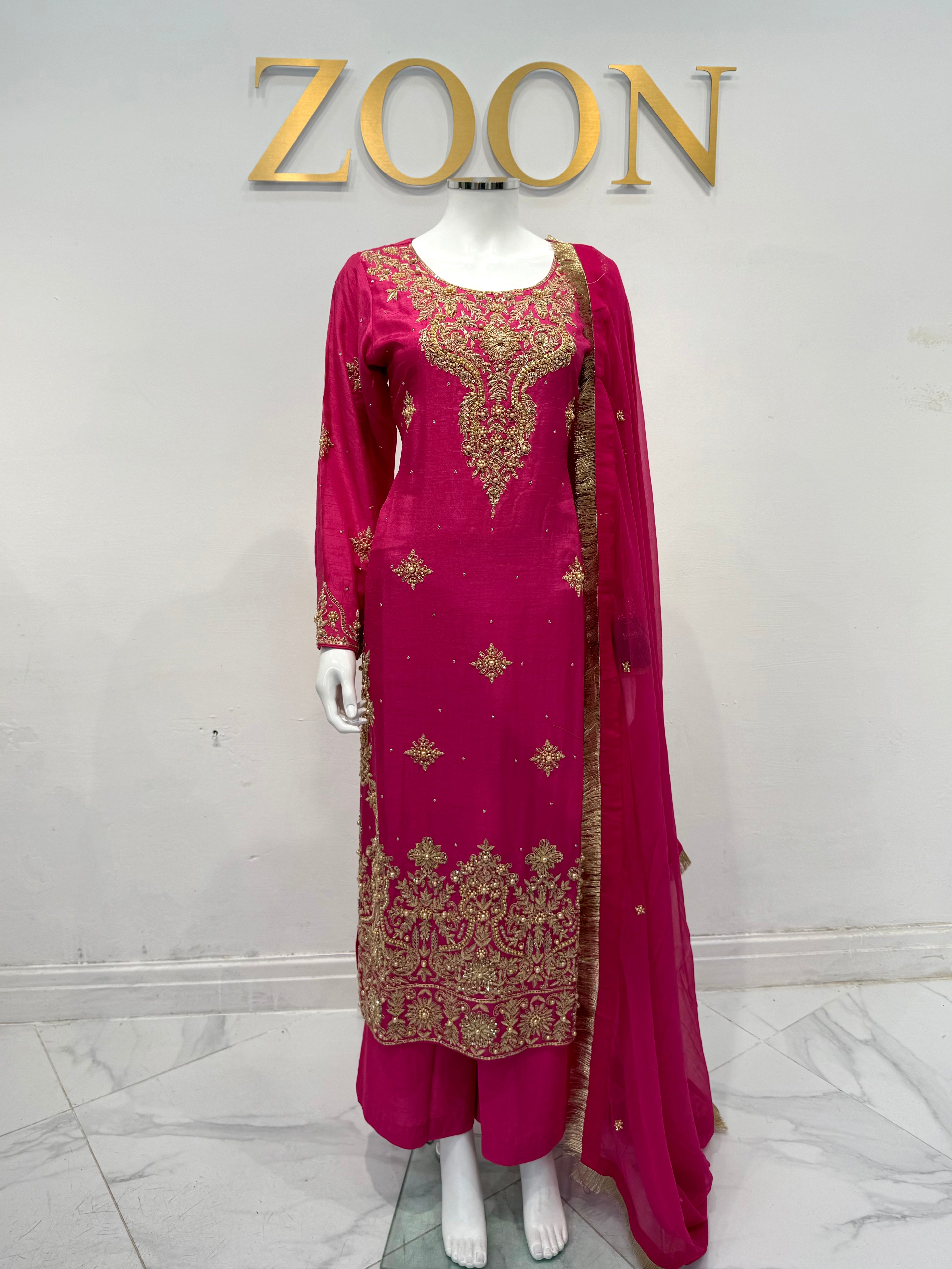 Hand Embroidered Raw Silk Suit - Fuchsia