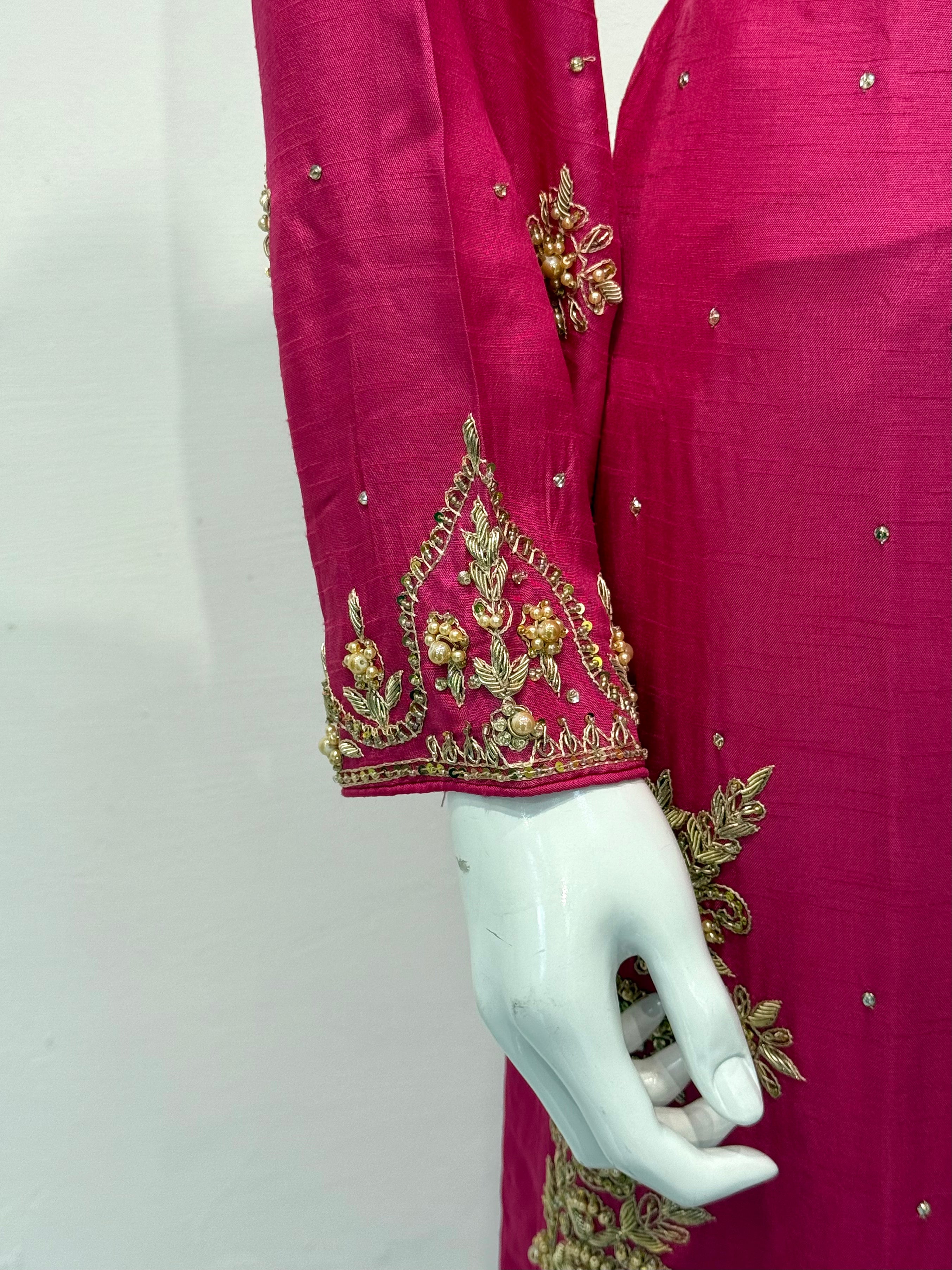 Hand Embroidered Raw Silk Suit - Fuchsia