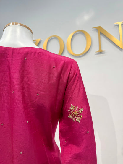 Hand Embroidered Raw Silk Suit - Fuchsia