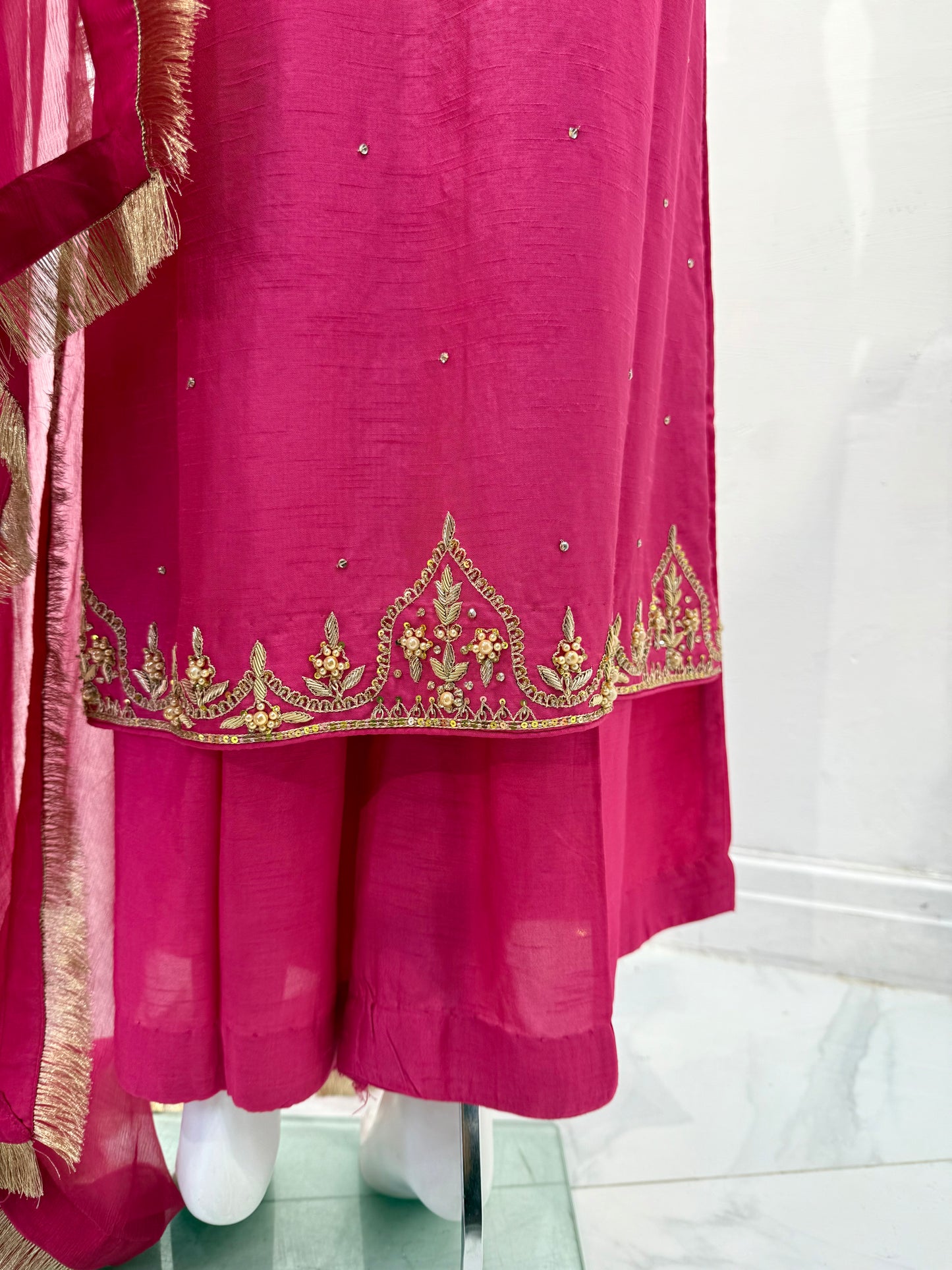 Hand Embroidered Raw Silk Suit - Fuchsia