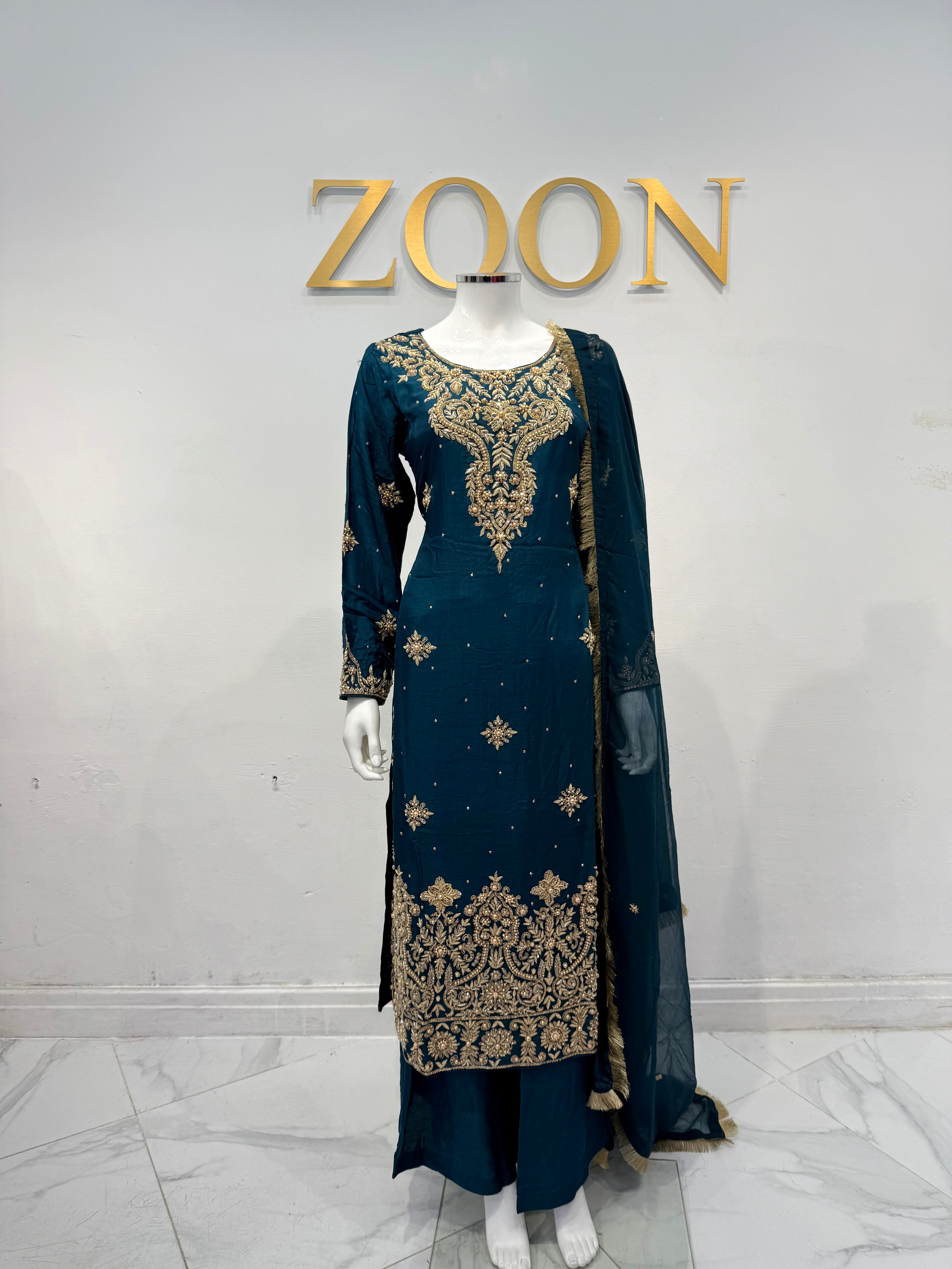 Hand Embroidered Raw Silk Suit - Teal
