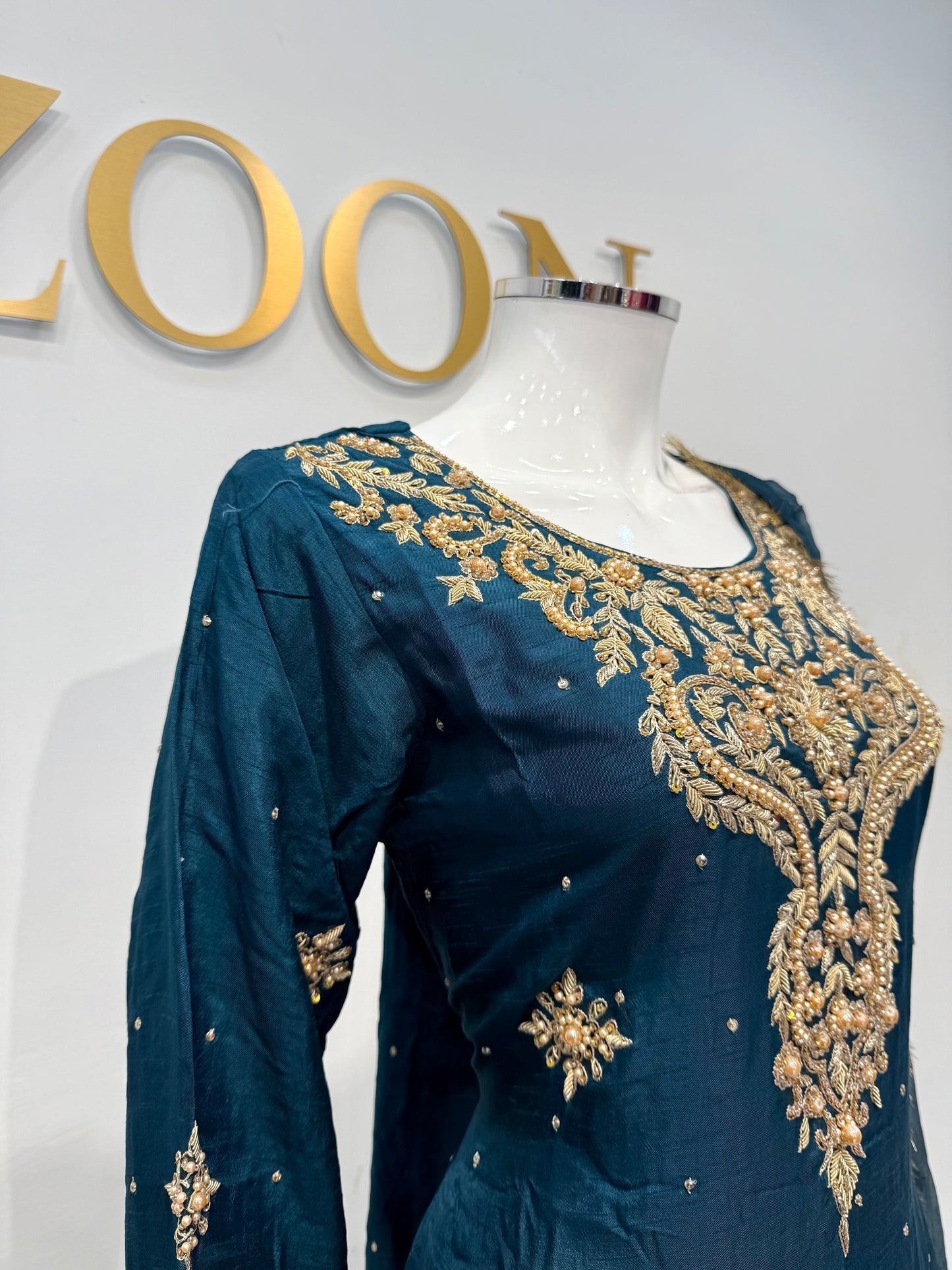 Hand Embroidered Raw Silk Suit - Teal