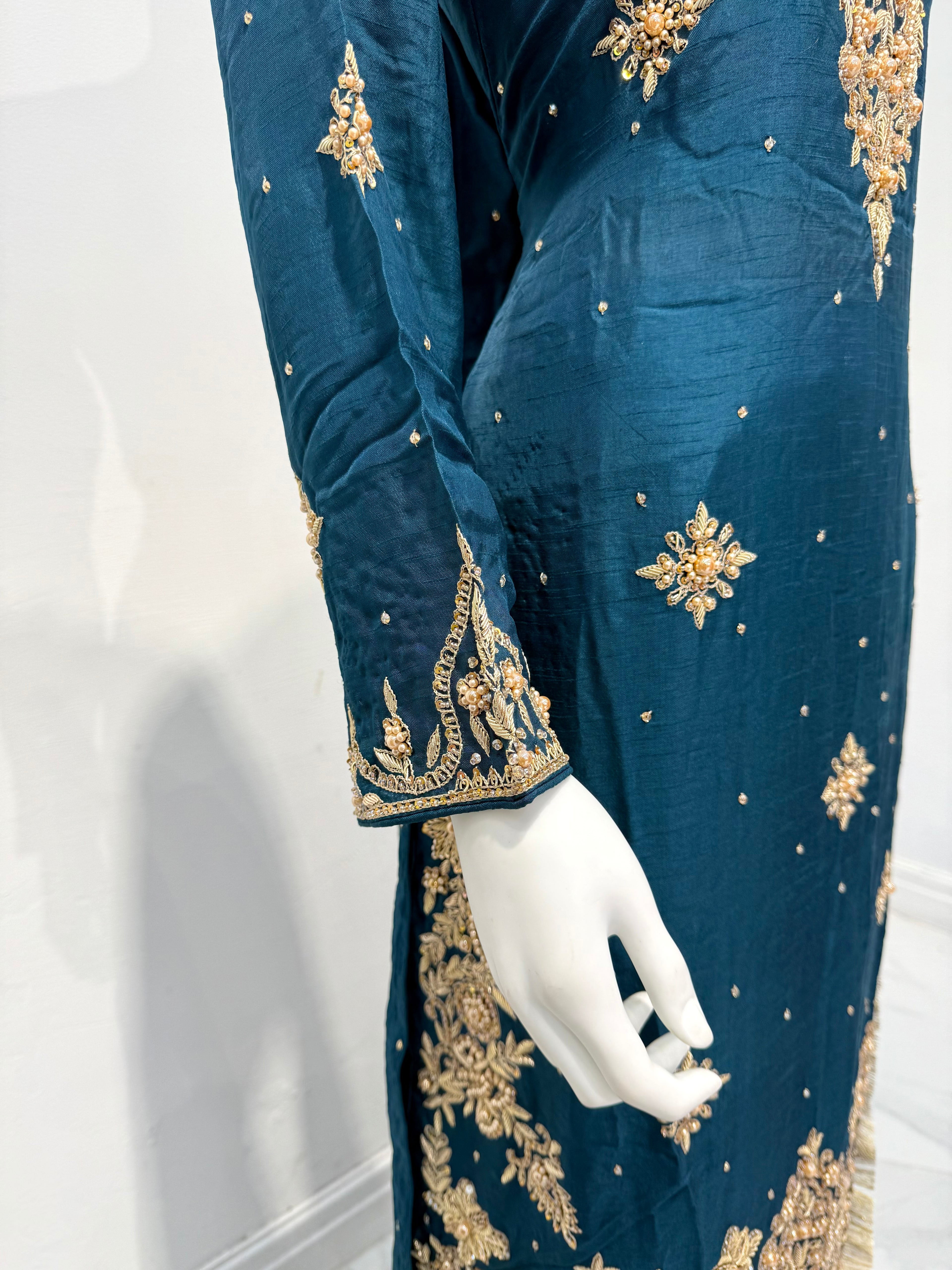 Hand Embroidered Raw Silk Suit - Teal