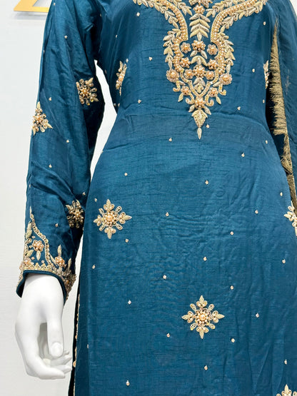 Hand Embroidered Raw Silk Suit - Teal